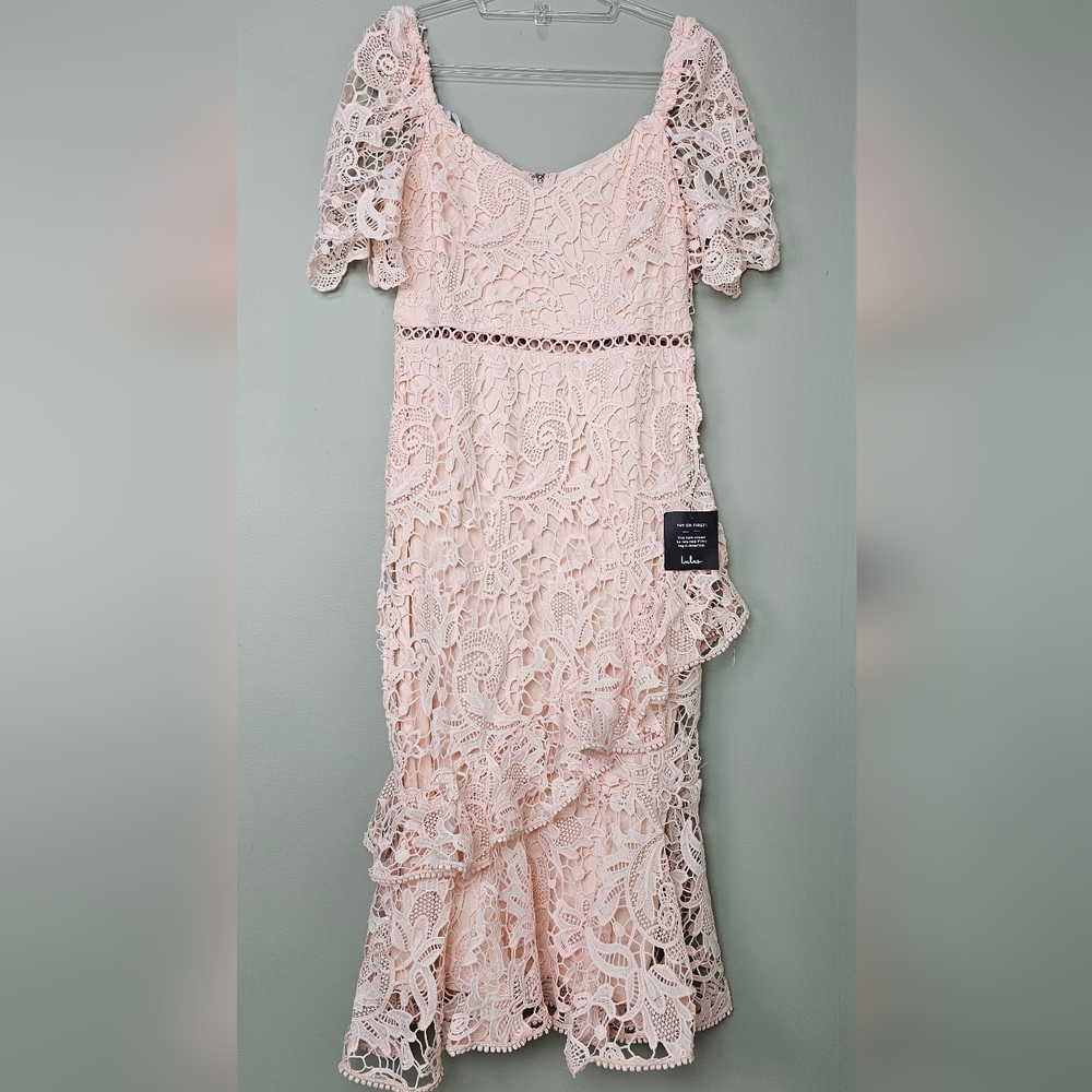 Lulus Briarwood Blush Pink Lace Short-Sleeve Trumpet Hem Ruffled Midi Dress - Picture 8 of 17